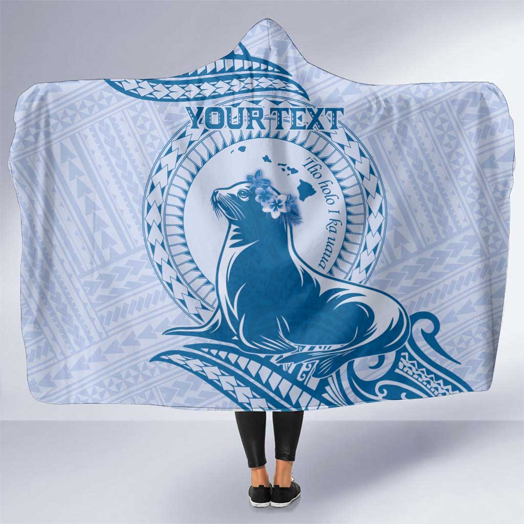 Personalised Hawaii Monk Seal Hooded Blanket Polynesian Tattoo With Tropical Flowers - Blue Pastel