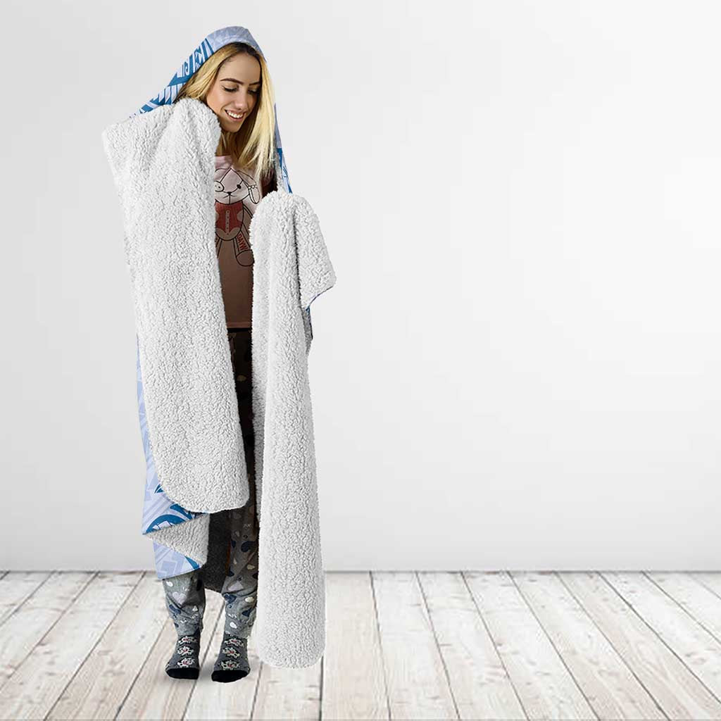 Personalised Hawaii Monk Seal Hooded Blanket Polynesian Tattoo With Tropical Flowers - Blue Pastel