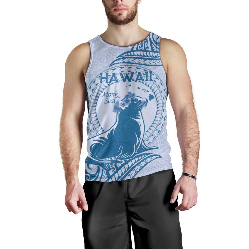 Personalised Hawaii Monk Seal Men Tank Top Polynesian Tattoo With Tropical Flowers - Blue Pastel