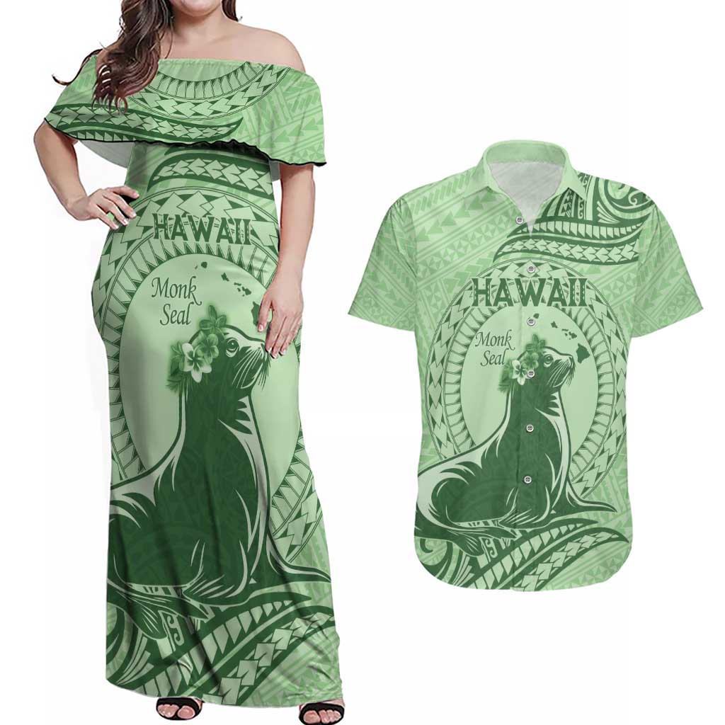 Personalised Hawaii Monk Seal Couples Matching Off Shoulder Maxi Dress and Hawaiian Shirt Polynesian Tattoo With Tropical Flowers - Green Pastel