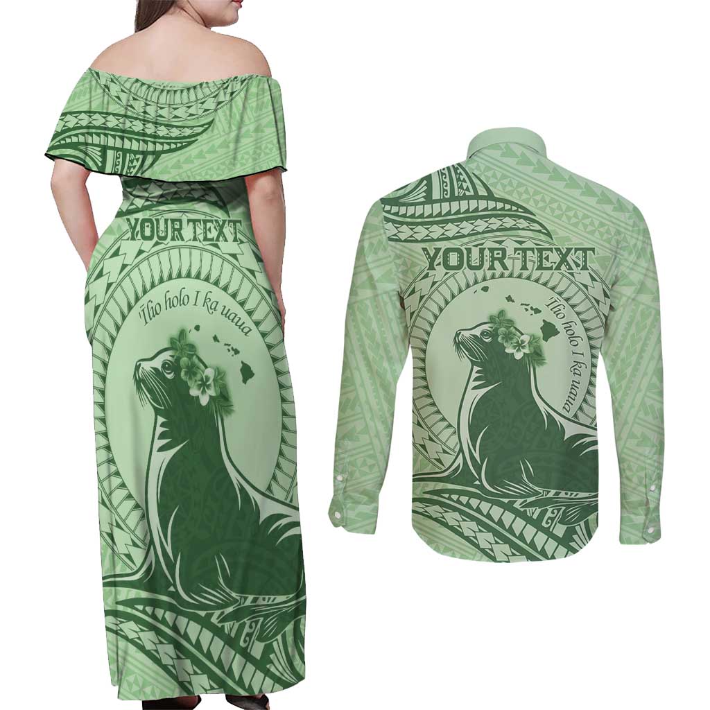 Personalised Hawaii Monk Seal Couples Matching Off Shoulder Maxi Dress and Long Sleeve Button Shirt Polynesian Tattoo With Tropical Flowers - Green Pastel