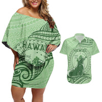 Personalised Hawaii Monk Seal Couples Matching Off Shoulder Short Dress and Hawaiian Shirt Polynesian Tattoo With Tropical Flowers - Green Pastel