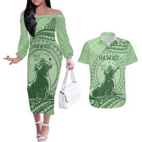 Personalised Hawaii Monk Seal Couples Matching Off The Shoulder Long Sleeve Dress and Hawaiian Shirt Polynesian Tattoo With Tropical Flowers - Green Pastel