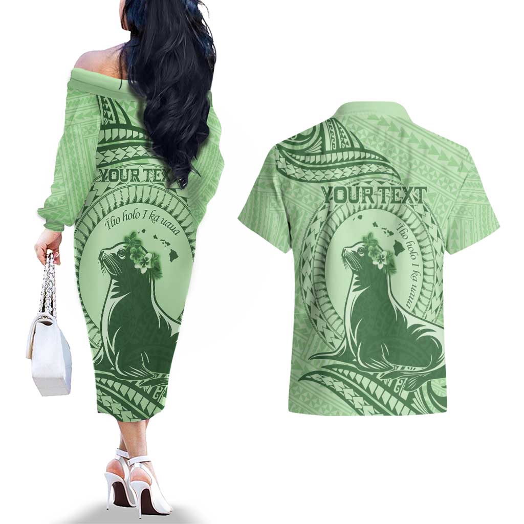 Personalised Hawaii Monk Seal Couples Matching Off The Shoulder Long Sleeve Dress and Hawaiian Shirt Polynesian Tattoo With Tropical Flowers - Green Pastel