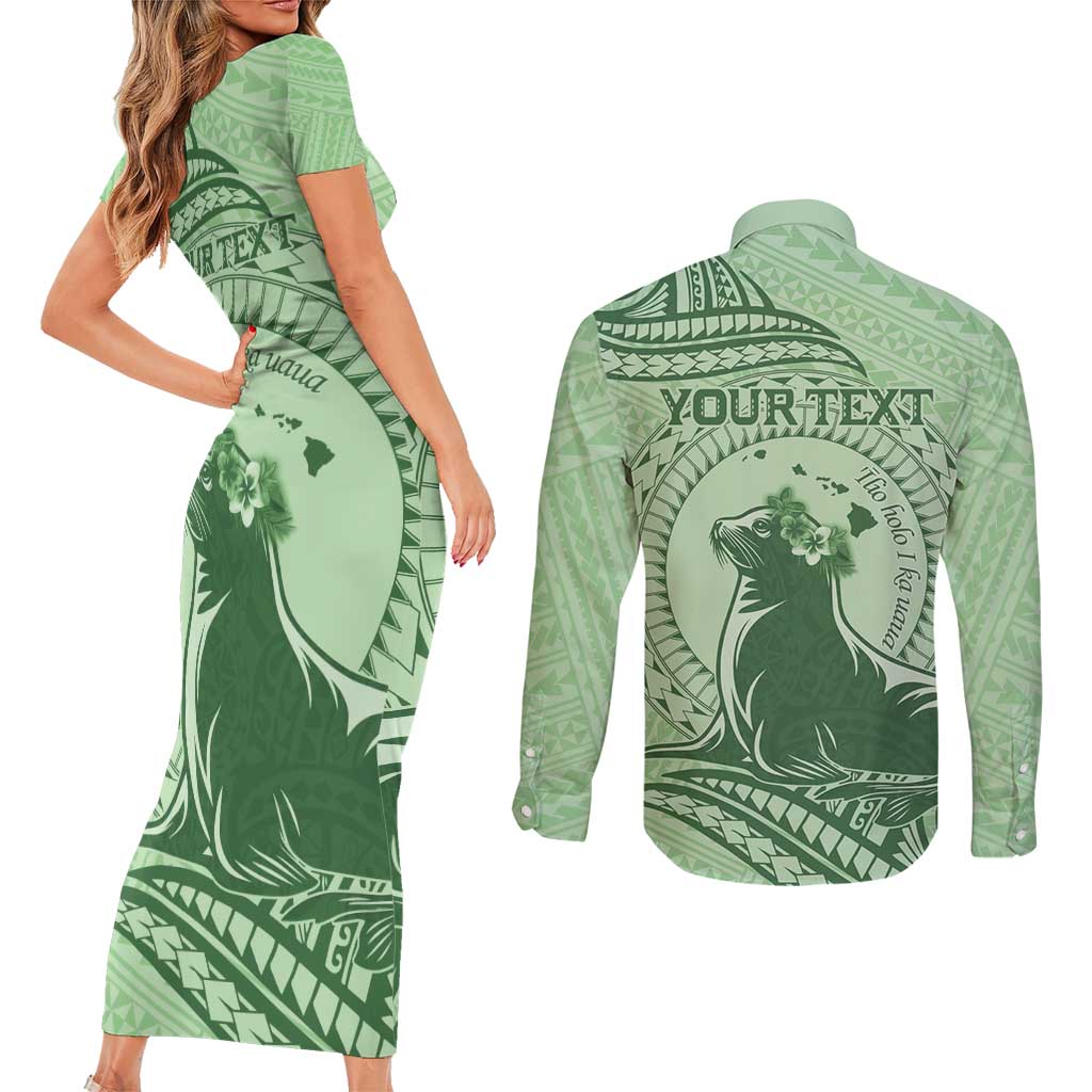 Personalised Hawaii Monk Seal Couples Matching Short Sleeve Bodycon Dress and Long Sleeve Button Shirt Polynesian Tattoo With Tropical Flowers - Green Pastel