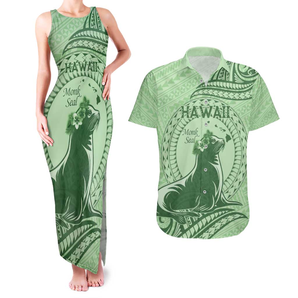 Personalised Hawaii Monk Seal Couples Matching Tank Maxi Dress and Hawaiian Shirt Polynesian Tattoo With Tropical Flowers - Green Pastel