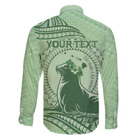 Personalised Hawaii Monk Seal Family Matching Off The Shoulder Long Sleeve Dress and Hawaiian Shirt Polynesian Tattoo With Tropical Flowers - Green Pastel