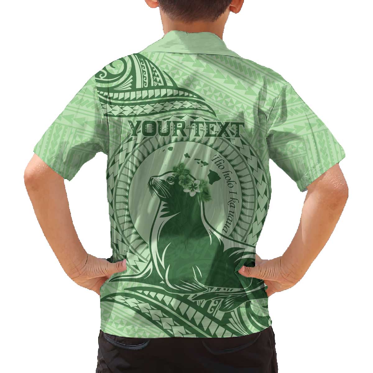 Personalised Hawaii Monk Seal Family Matching Puletasi and Hawaiian Shirt Polynesian Tattoo With Tropical Flowers - Green Pastel LT14 - Polynesian Pride