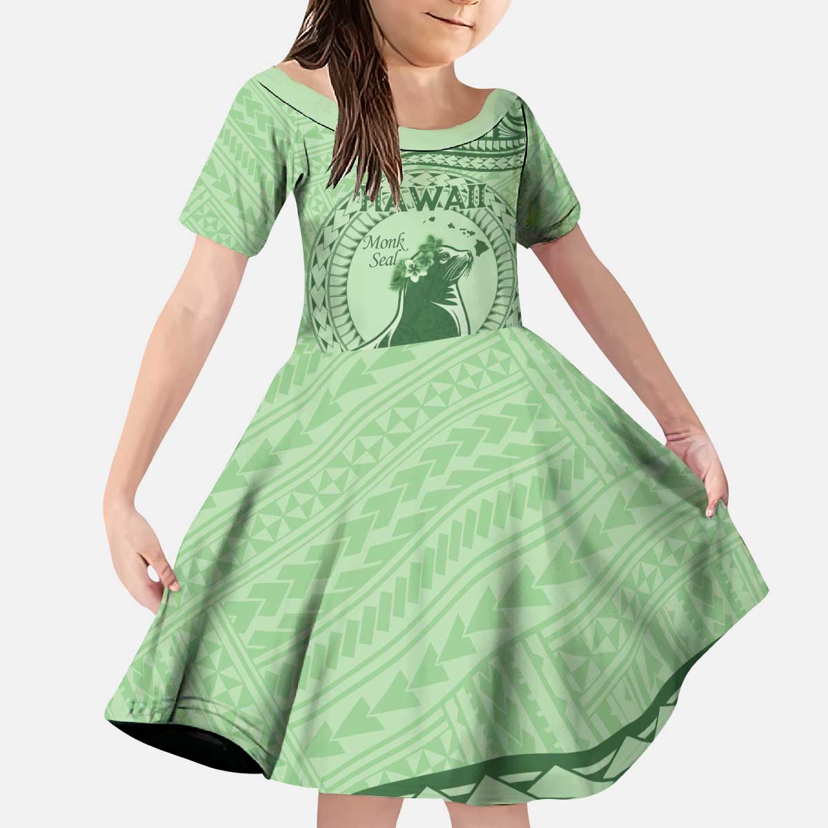 Personalised Hawaii Monk Seal Family Matching Puletasi and Hawaiian Shirt Polynesian Tattoo With Tropical Flowers - Green Pastel LT14 Daughter's Dress Green - Polynesian Pride