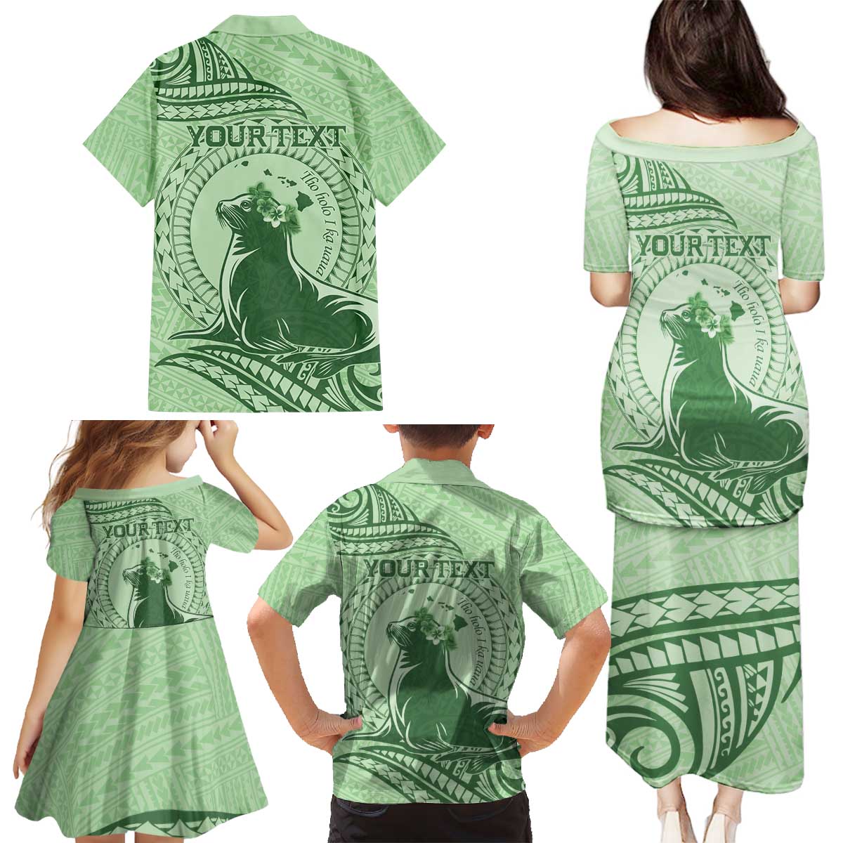 Personalised Hawaii Monk Seal Family Matching Puletasi and Hawaiian Shirt Polynesian Tattoo With Tropical Flowers - Green Pastel LT14 - Polynesian Pride