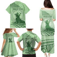 Personalised Hawaii Monk Seal Family Matching Puletasi and Hawaiian Shirt Polynesian Tattoo With Tropical Flowers - Green Pastel LT14 - Polynesian Pride