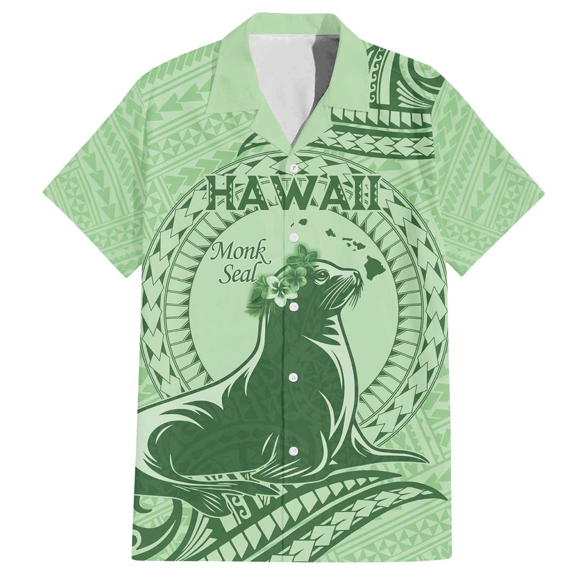Personalised Hawaii Monk Seal Family Matching Puletasi and Hawaiian Shirt Polynesian Tattoo With Tropical Flowers - Green Pastel LT14 Dad's Shirt - Short Sleeve Green - Polynesian Pride
