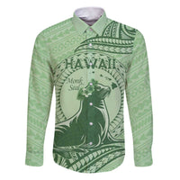 Personalised Hawaii Monk Seal Family Matching Puletasi and Hawaiian Shirt Polynesian Tattoo With Tropical Flowers - Green Pastel LT14 Dad's Shirt - Long Sleeve Green - Polynesian Pride