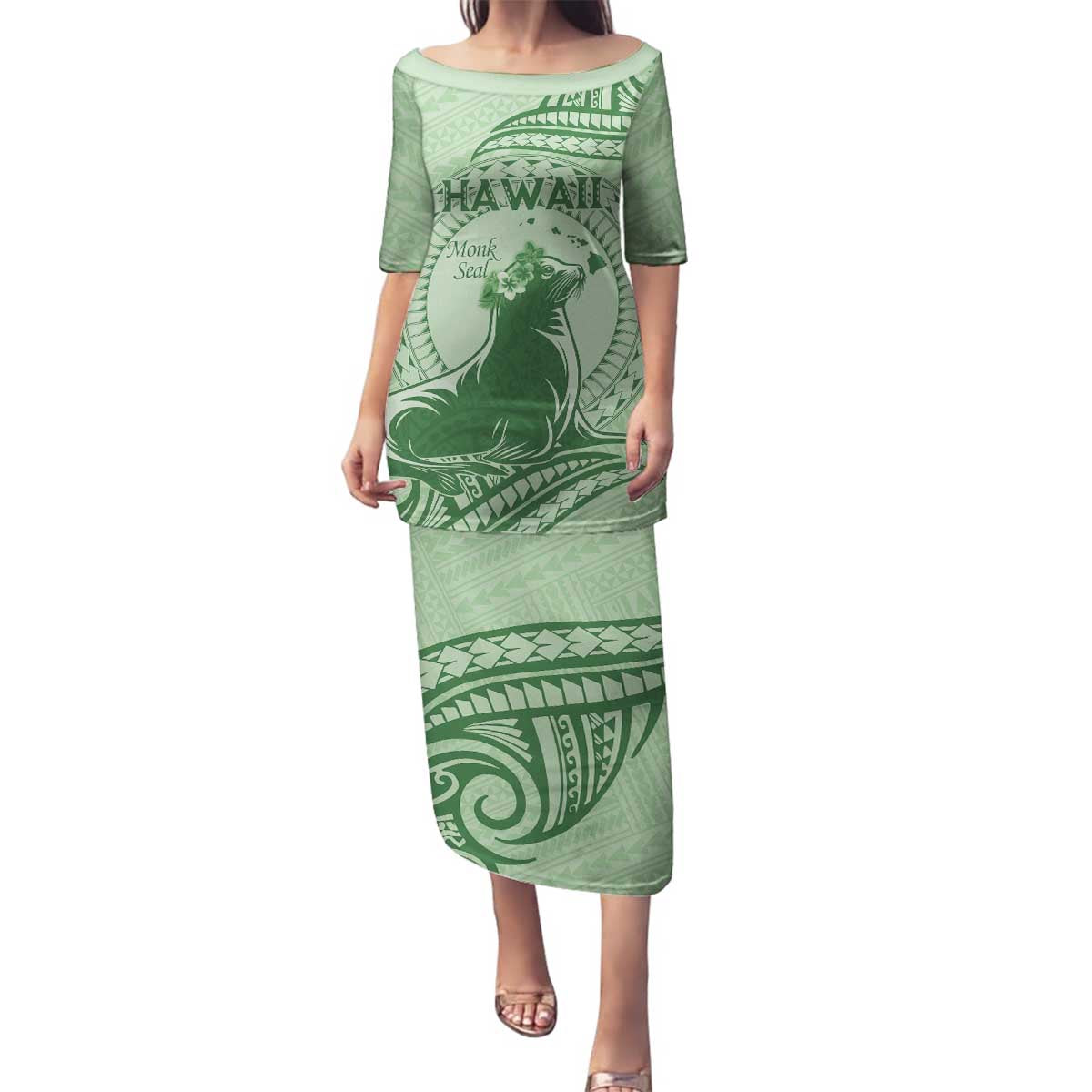 Personalised Hawaii Monk Seal Family Matching Puletasi and Hawaiian Shirt Polynesian Tattoo With Tropical Flowers - Green Pastel LT14 Mom's Dress Green - Polynesian Pride