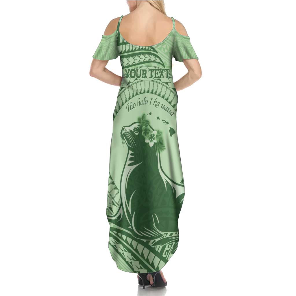Personalised Hawaii Monk Seal Family Matching Summer Maxi Dress and Hawaiian Shirt Polynesian Tattoo With Tropical Flowers - Green Pastel