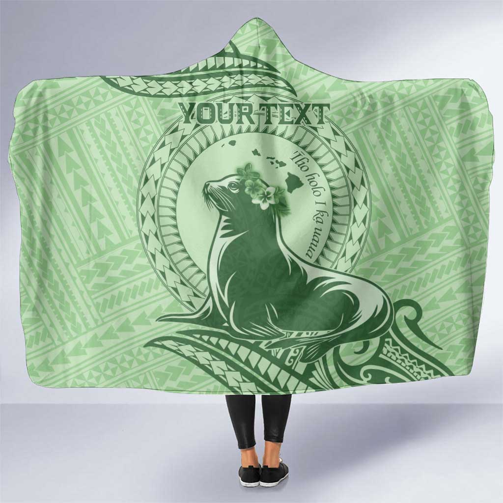 Personalised Hawaii Monk Seal Hooded Blanket Polynesian Tattoo With Tropical Flowers - Green Pastel