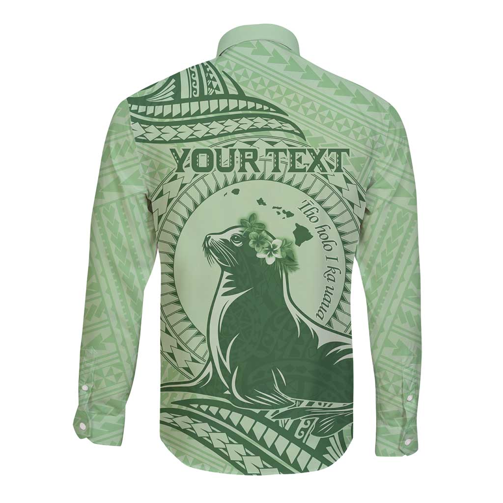 Personalised Hawaii Monk Seal Long Sleeve Button Shirt Polynesian Tattoo With Tropical Flowers - Green Pastel