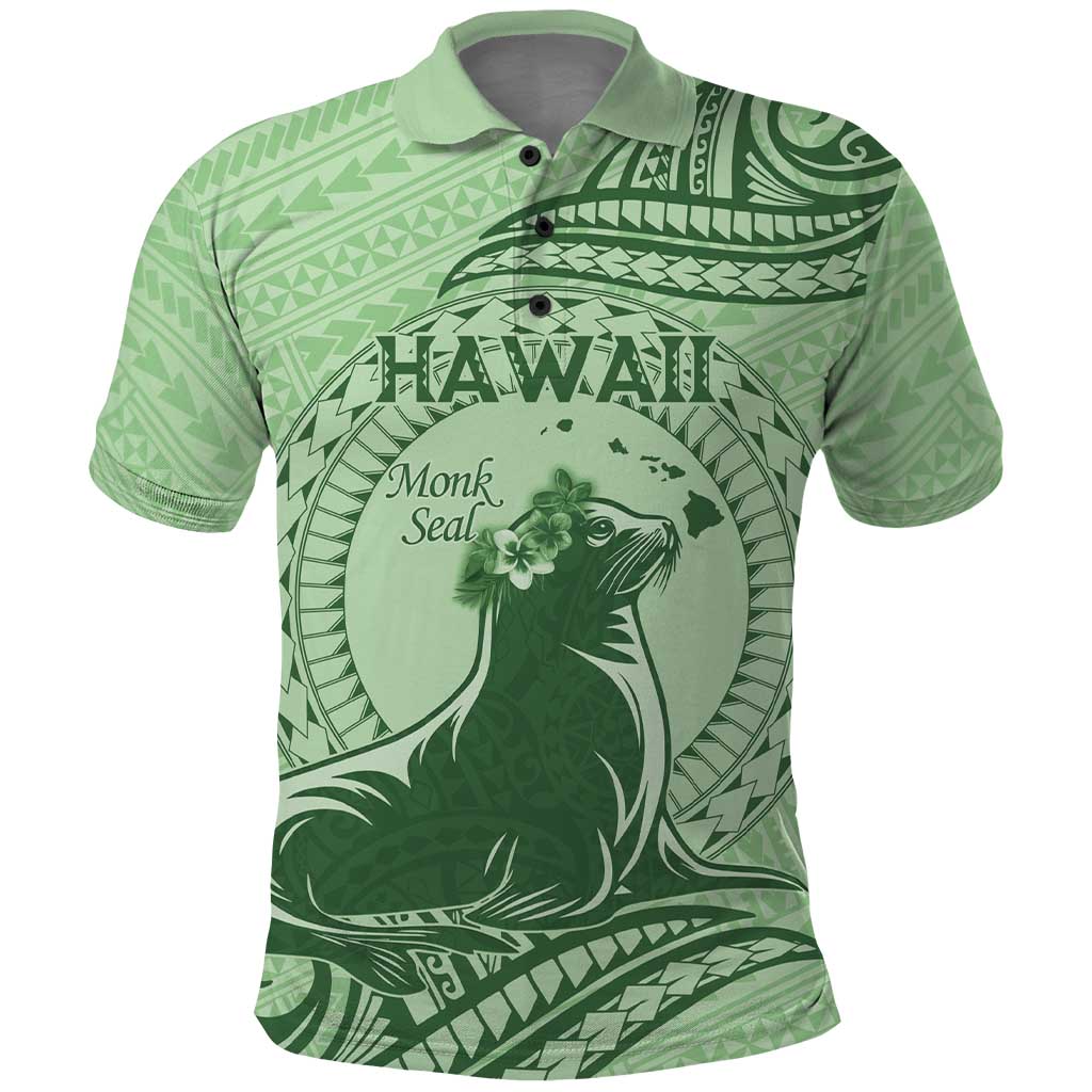 Personalised Hawaii Monk Seal Polo Shirt Polynesian Tattoo With Tropical Flowers - Green Pastel LT14 Green - Polynesian Pride