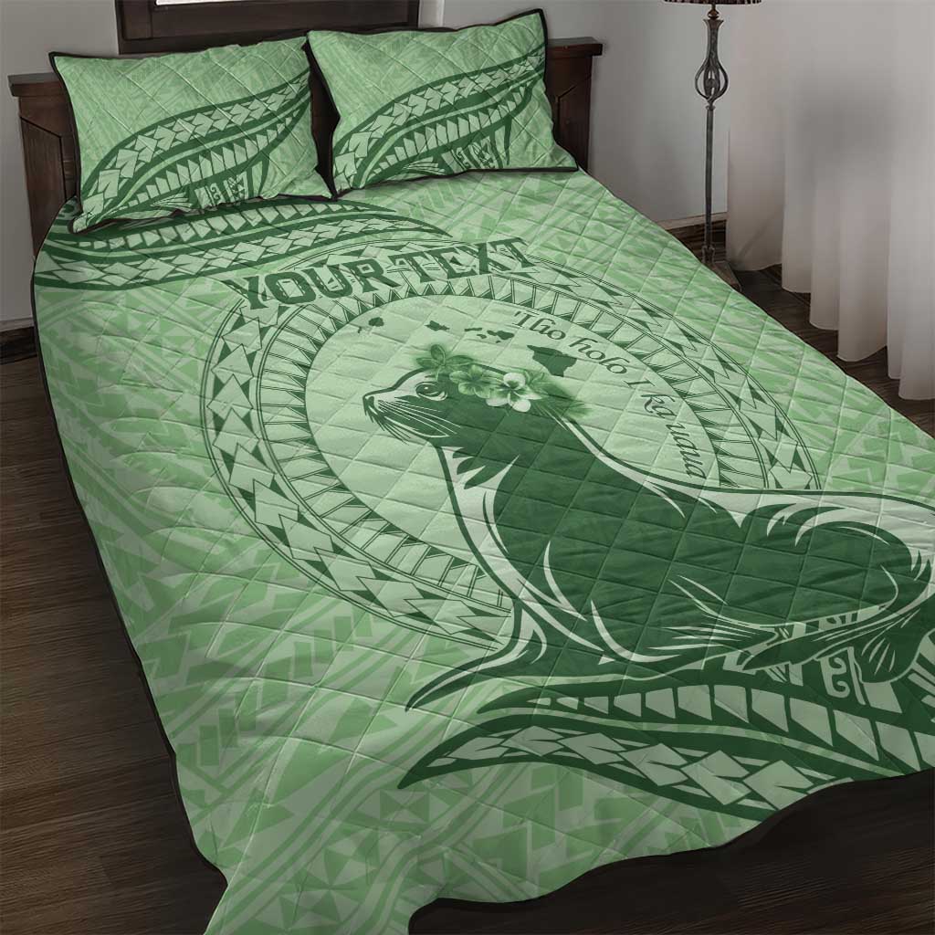 Personalised Hawaii Monk Seal Quilt Bed Set Polynesian Tattoo With Tropical Flowers - Green Pastel