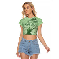 Personalised Hawaii Monk Seal Raglan Cropped T Shirt Polynesian Tattoo With Tropical Flowers - Green Pastel LT14 Female Green - Polynesian Pride