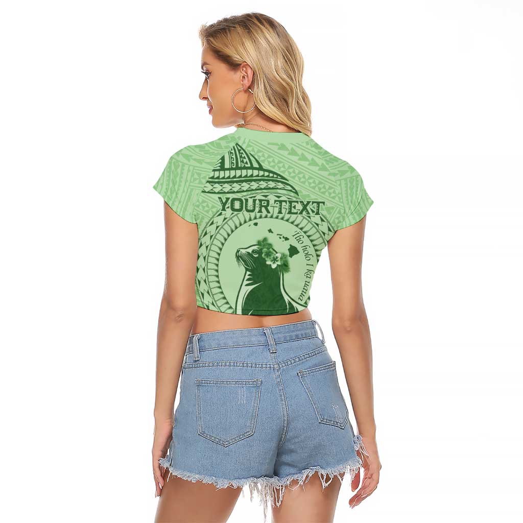 Personalised Hawaii Monk Seal Raglan Cropped T Shirt Polynesian Tattoo With Tropical Flowers - Green Pastel LT14 - Polynesian Pride