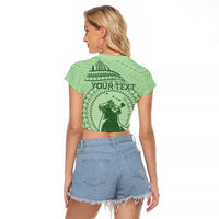 Personalised Hawaii Monk Seal Raglan Cropped T Shirt Polynesian Tattoo With Tropical Flowers - Green Pastel LT14 - Polynesian Pride