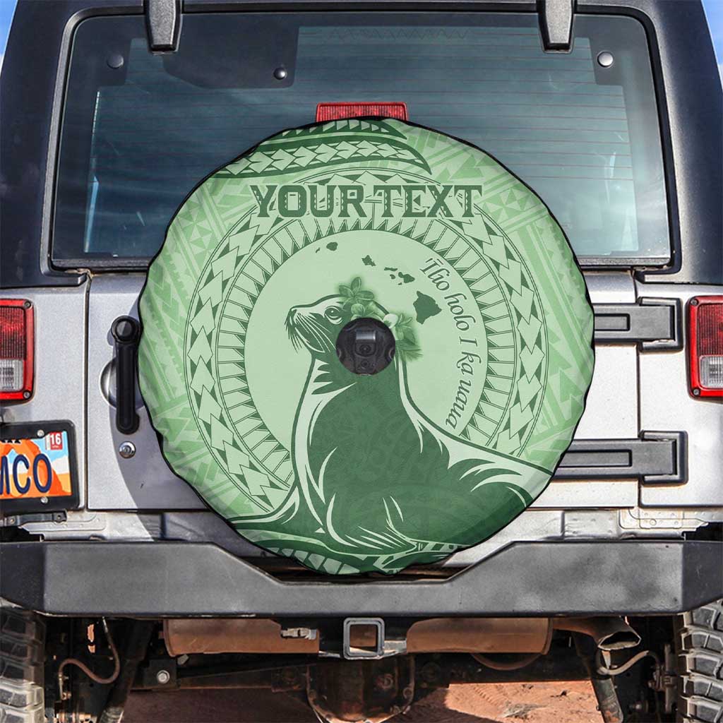 Personalised Hawaii Monk Seal Spare Tire Cover Polynesian Tattoo With Tropical Flowers - Green Pastel