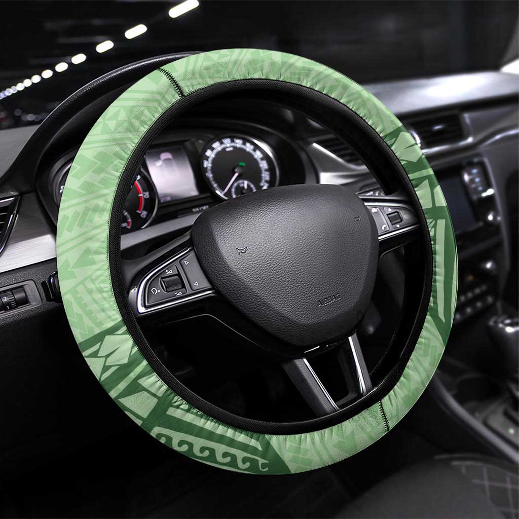 Hawaii Monk Seal Steering Wheel Cover Polynesian Tattoo With Tropical Flowers - Green Pastel