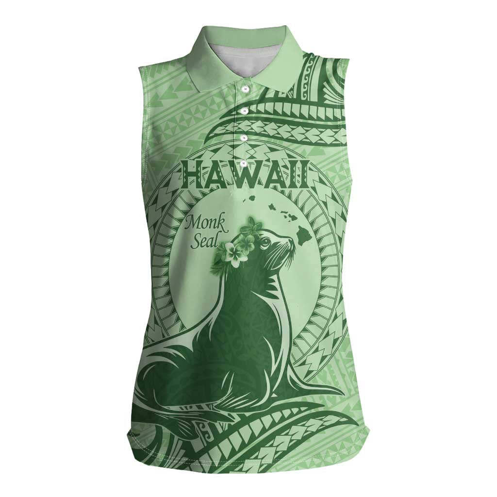 Personalised Hawaii Monk Seal Women Sleeveless Polo Shirt Polynesian Tattoo With Tropical Flowers - Green Pastel LT14 Female Green - Polynesian Pride
