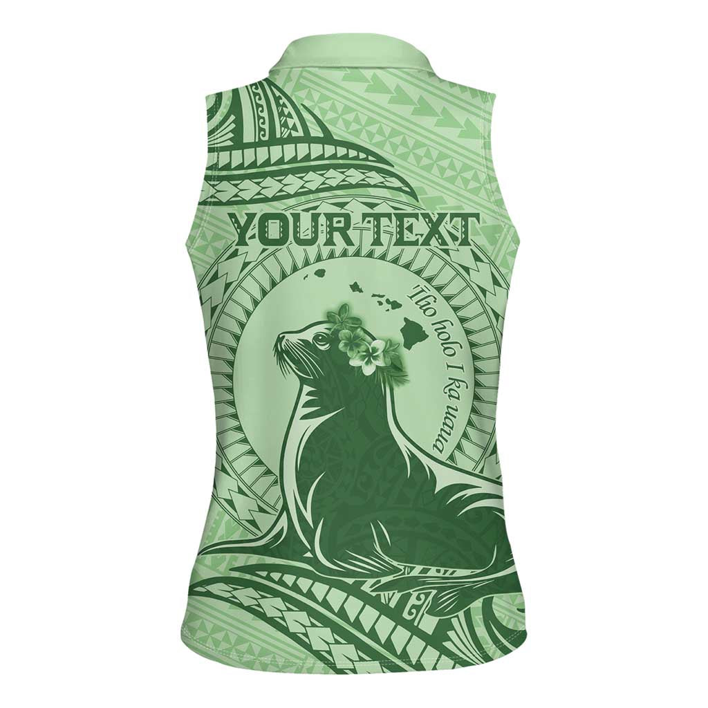 Personalised Hawaii Monk Seal Women Sleeveless Polo Shirt Polynesian Tattoo With Tropical Flowers - Green Pastel LT14 - Polynesian Pride