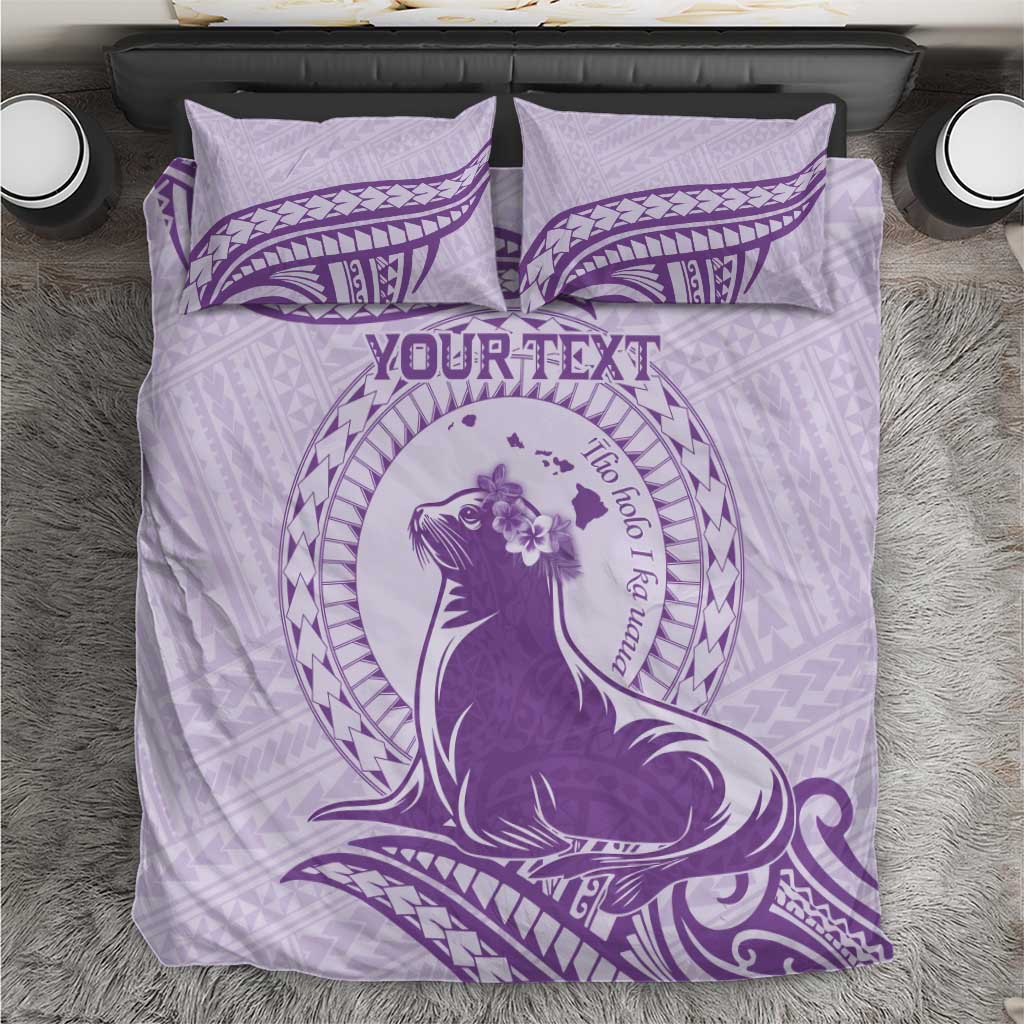 Personalised Hawaii Monk Seal Bedding Set Polynesian Tattoo With Tropical Flowers - Purple Pastel