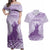 Personalised Hawaii Monk Seal Couples Matching Off Shoulder Maxi Dress and Hawaiian Shirt Polynesian Tattoo With Tropical Flowers - Purple Pastel