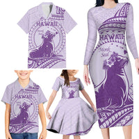 Personalised Hawaii Monk Seal Family Matching Long Sleeve Bodycon Dress and Hawaiian Shirt Polynesian Tattoo With Tropical Flowers - Purple Pastel
