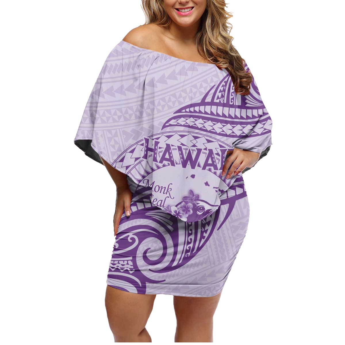 Personalised Hawaii Monk Seal Family Matching Off Shoulder Short Dress and Hawaiian Shirt Polynesian Tattoo With Tropical Flowers - Purple Pastel