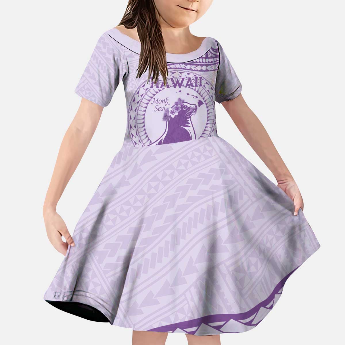 Personalised Hawaii Monk Seal Family Matching Puletasi and Hawaiian Shirt Polynesian Tattoo With Tropical Flowers - Purple Pastel LT14 Daughter's Dress Purple - Polynesian Pride