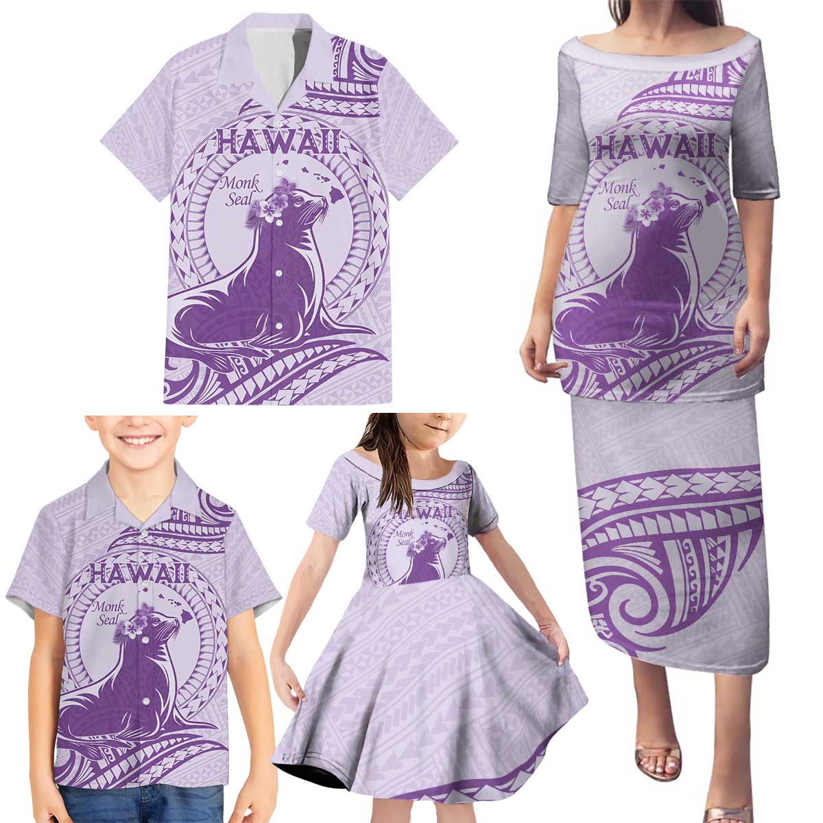 Personalised Hawaii Monk Seal Family Matching Puletasi and Hawaiian Shirt Polynesian Tattoo With Tropical Flowers - Purple Pastel LT14 - Polynesian Pride