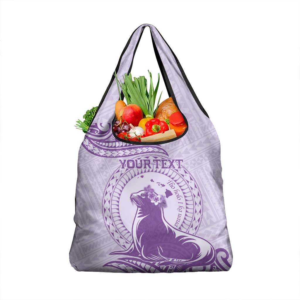 Personalised Hawaii Monk Seal Grocery Bag Polynesian Tattoo With Tropical Flowers - Purple Pastel