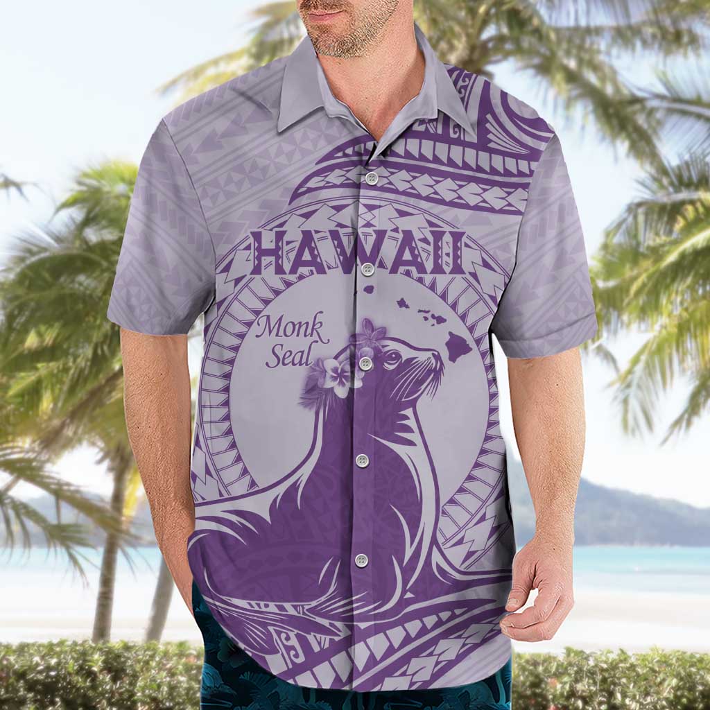 Personalised Hawaii Monk Seal Hawaiian Shirt Polynesian Tattoo With Tropical Flowers - Purple Pastel