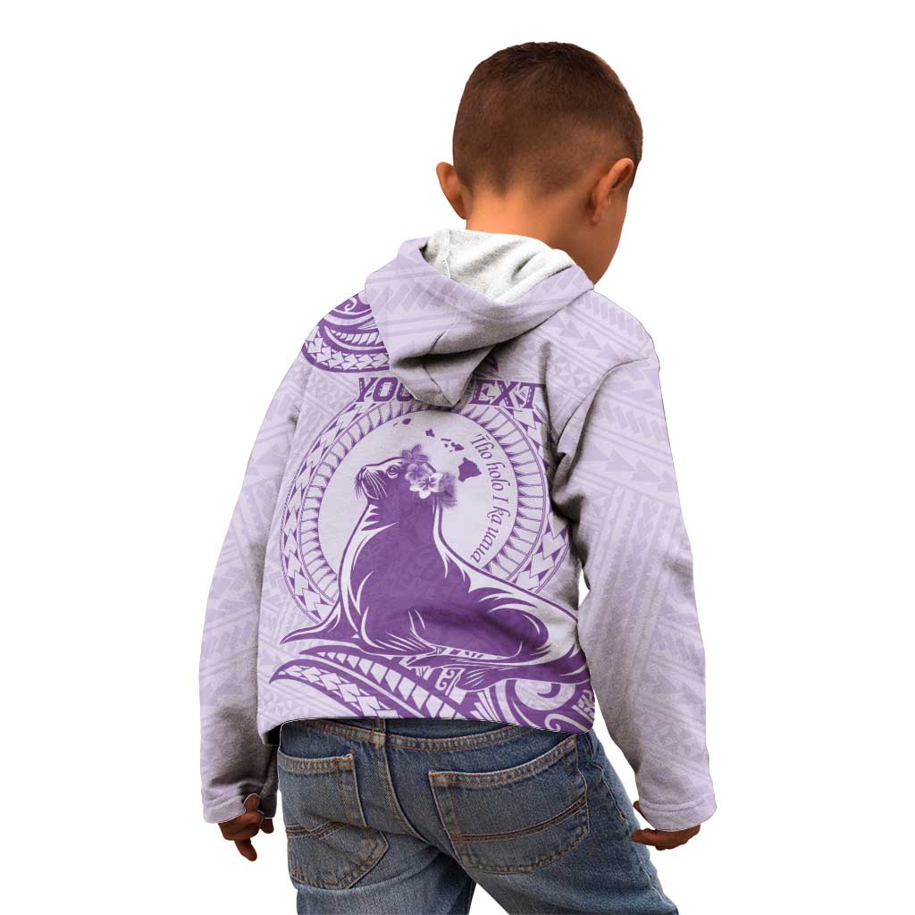 Personalised Hawaii Monk Seal Kid Hoodie Polynesian Tattoo With Tropical Flowers - Purple Pastel