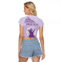 Personalised Hawaii Monk Seal Raglan Cropped T Shirt Polynesian Tattoo With Tropical Flowers - Purple Pastel