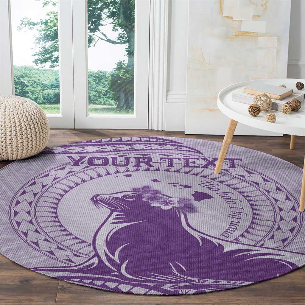 Personalised Hawaii Monk Seal Round Carpet Polynesian Tattoo With Tropical Flowers - Purple Pastel