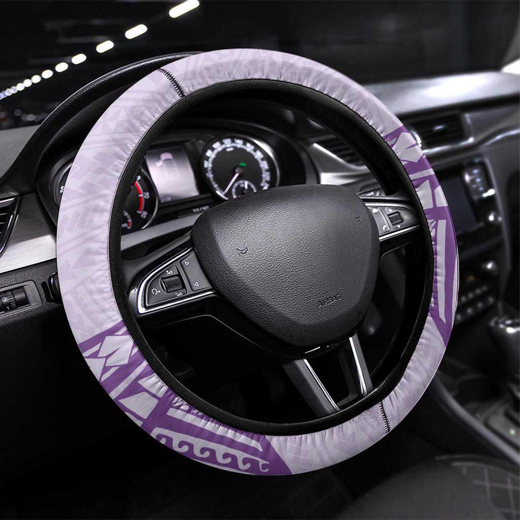 Hawaii Monk Seal Steering Wheel Cover Polynesian Tattoo With Tropical Flowers - Purple Pastel