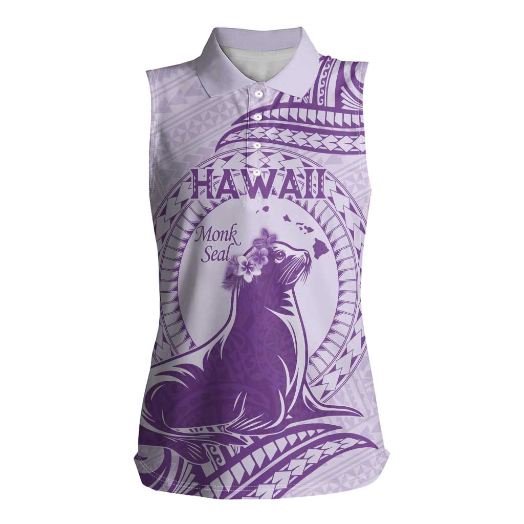 Personalised Hawaii Monk Seal Women Sleeveless Polo Shirt Polynesian Tattoo With Tropical Flowers - Purple Pastel LT14 Female Purple - Polynesian Pride