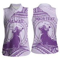 Personalised Hawaii Monk Seal Women Sleeveless Polo Shirt Polynesian Tattoo With Tropical Flowers - Purple Pastel LT14 - Polynesian Pride