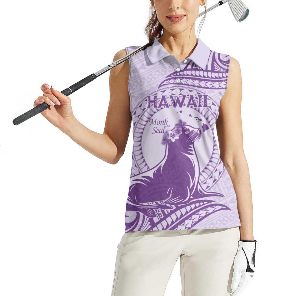 Personalised Hawaii Monk Seal Women Sleeveless Polo Shirt Polynesian Tattoo With Tropical Flowers - Purple Pastel LT14 - Polynesian Pride