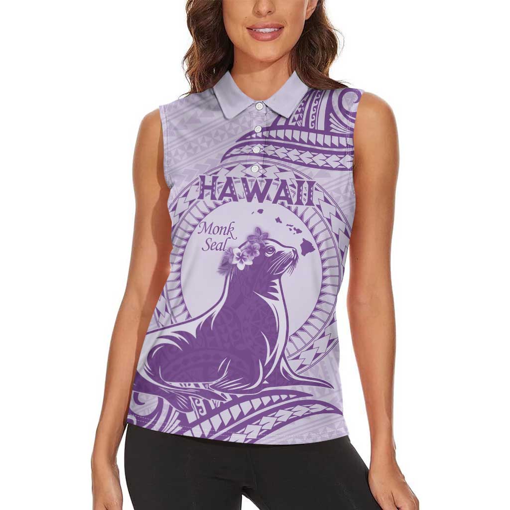 Personalised Hawaii Monk Seal Women Sleeveless Polo Shirt Polynesian Tattoo With Tropical Flowers - Purple Pastel LT14 - Polynesian Pride