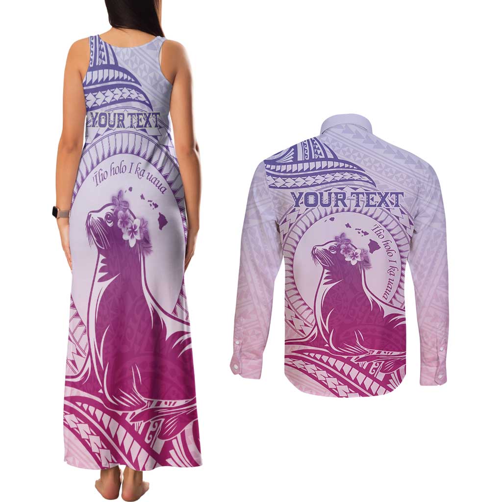 Personalised Hawaii Monk Seal Couples Matching Tank Maxi Dress and Long Sleeve Button Shirt Polynesian Tattoo With Tropical Flowers - Purple Gradient