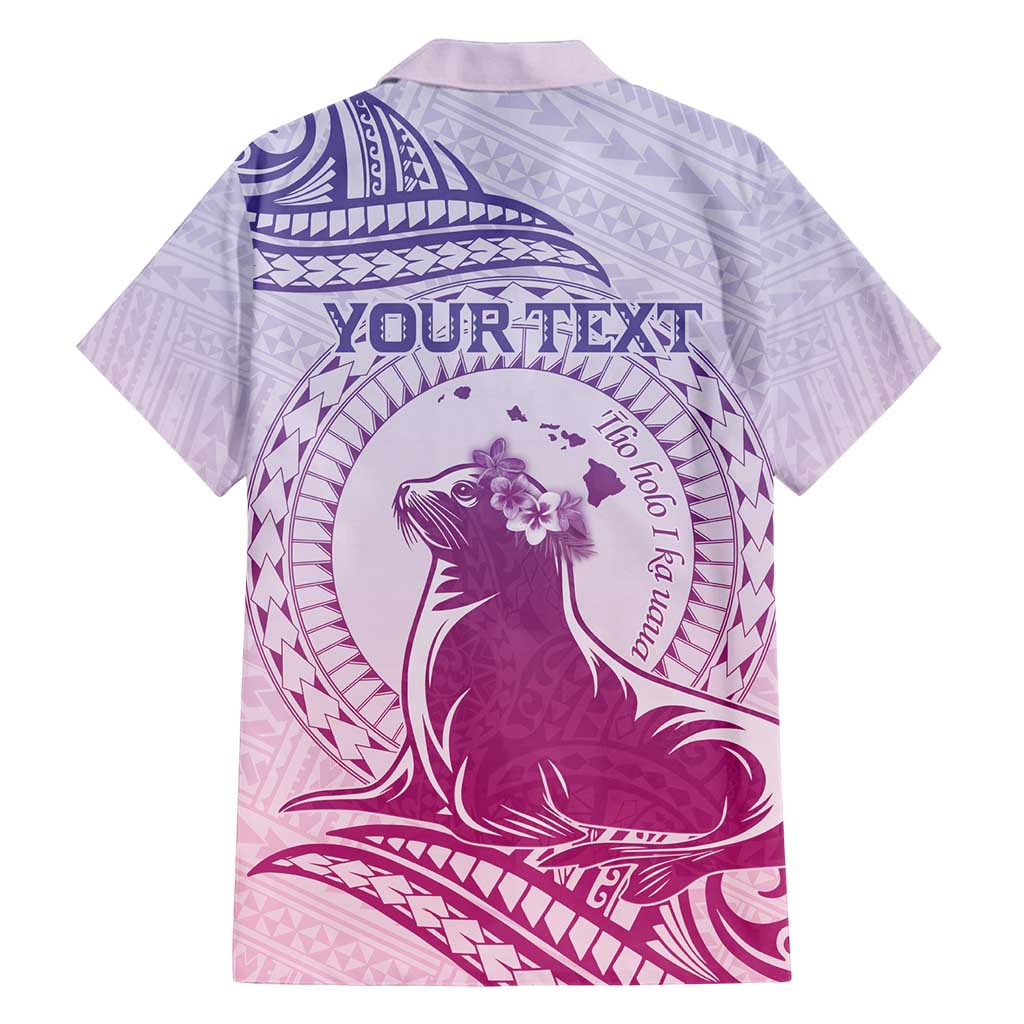 Personalised Hawaii Monk Seal Family Matching Long Sleeve Bodycon Dress and Hawaiian Shirt Polynesian Tattoo With Tropical Flowers - Purple Gradient