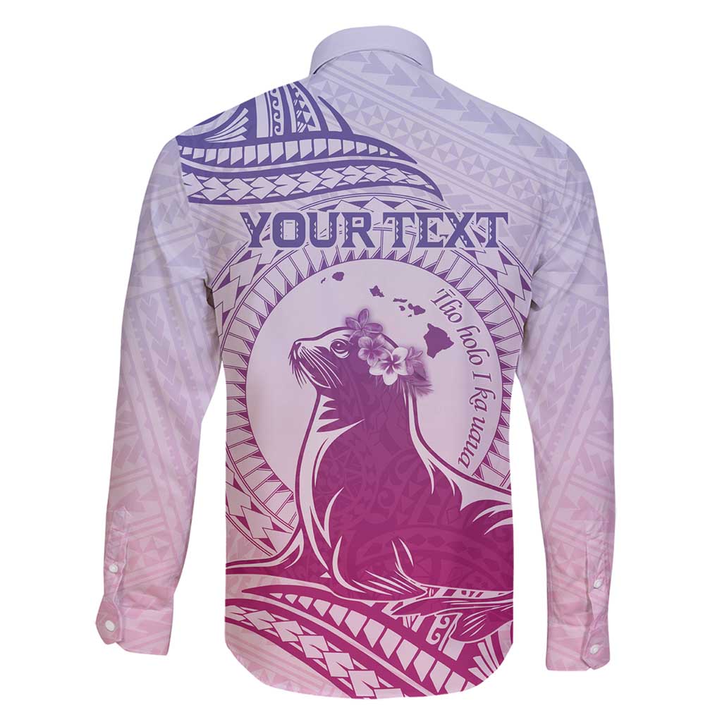 Personalised Hawaii Monk Seal Family Matching Long Sleeve Bodycon Dress and Hawaiian Shirt Polynesian Tattoo With Tropical Flowers - Purple Gradient