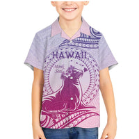 Personalised Hawaii Monk Seal Family Matching Mermaid Dress and Hawaiian Shirt Polynesian Tattoo With Tropical Flowers - Purple Gradient
